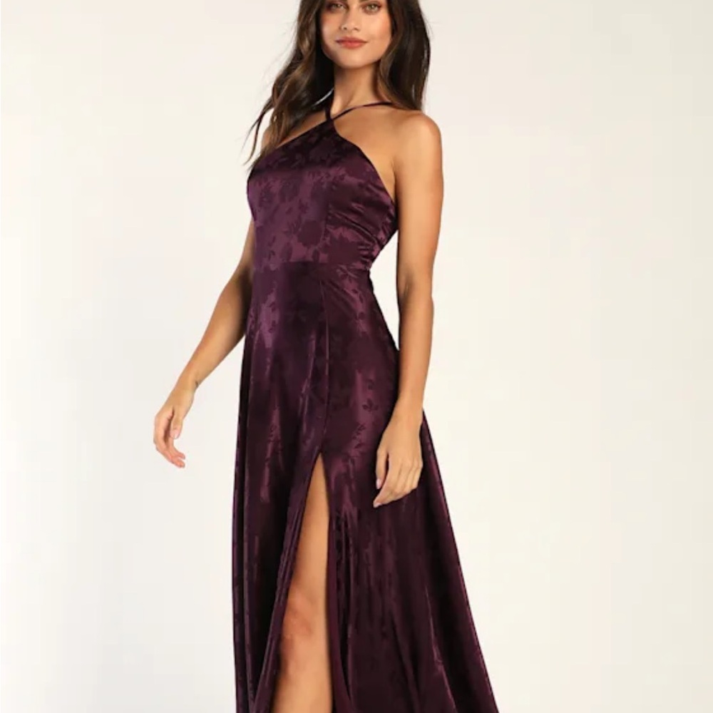 Lulu's “Elegant Sophistication Purple Satin Jacquard Halter Maxi Dress” - Picture 7 of 9